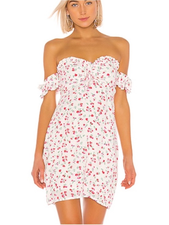 MINKPINK Dresses & Skirts - MINKPINK Burma Bloom Floral Print Off Shoulder Sweetheart Mini Dress White Small
